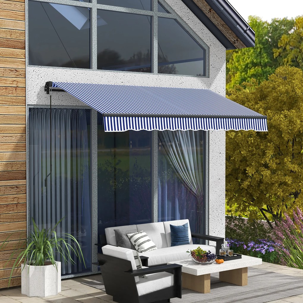 Toldo manual retrátil para varanda 295 L x 247 L cm, com inclinação ajustável, manivela, estrutura em alumínio e tecido de poliéster azul e branco