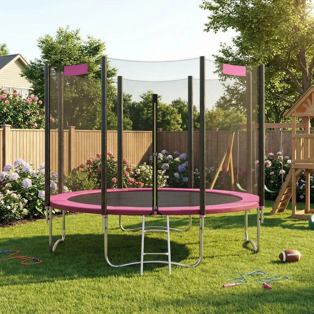 Trampolim de 305 cm de diâmetro com rede de segurança e escada rosa