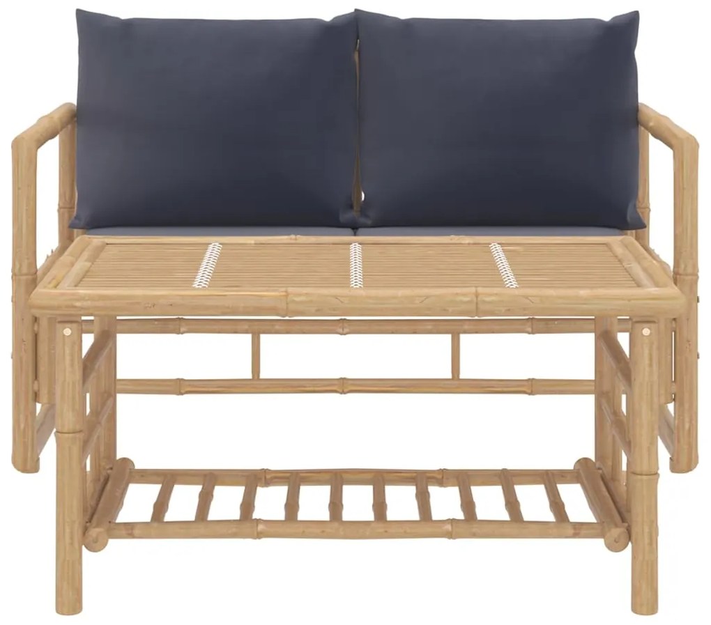 2pcs conj. lounge de jardim bambu c/ almofadões cinzento-escuro