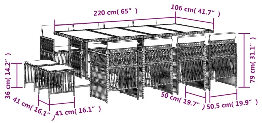 13 pcs conjunto jantar p/ jardim c/ almofadões vime PE cinzento