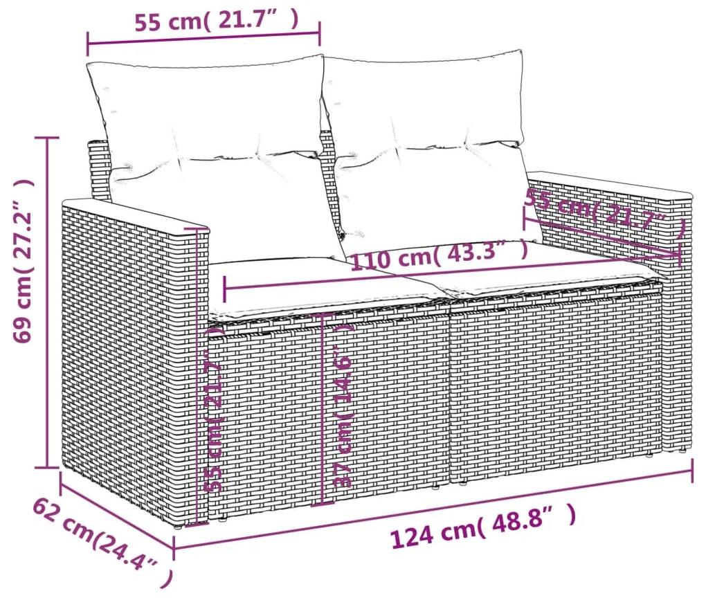 7 pcs conjunto sofás p/ jardim c/ almofadões vime PE cinzento