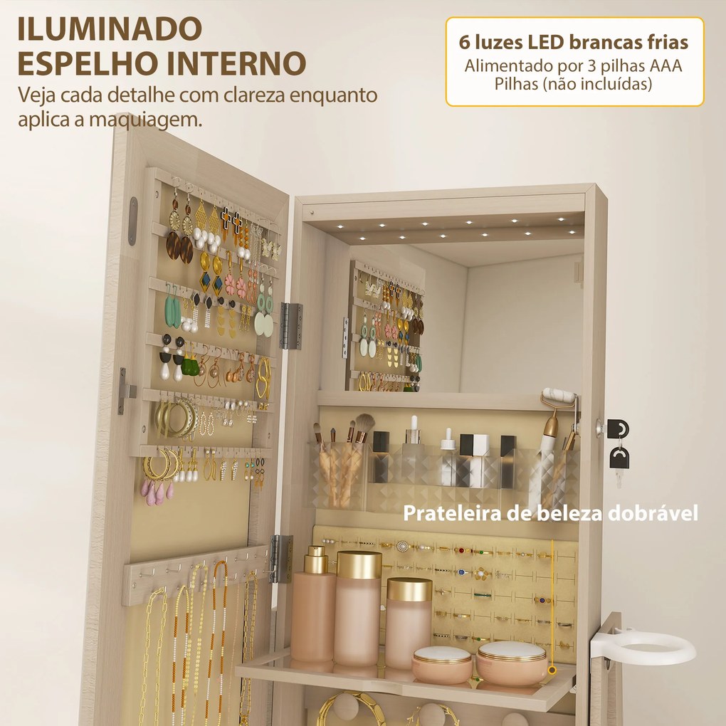 Espelho de Pé Giratório 360° com Espelho com Interior Iluminado Organizador de Jóias com Prateleiras e Gavetas 56x56x164 cm Madeira