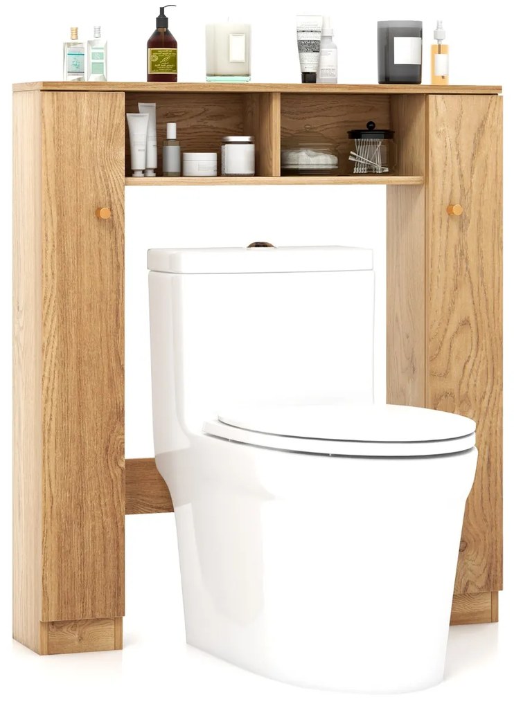 Estante para sanita Organizador de casa de banho com 2 portas e 2 compartimentos abertos 87,5 x 18 x 98 cm Natural