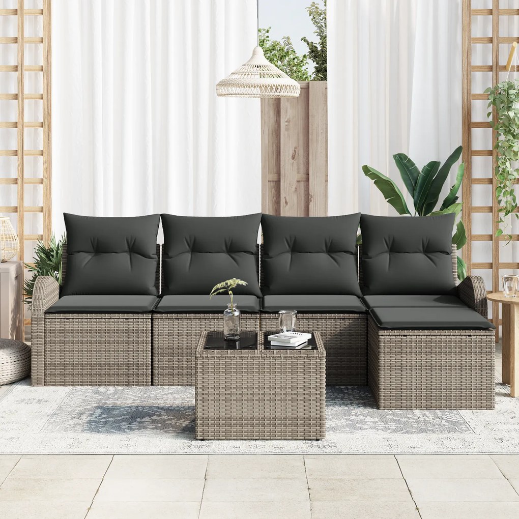 Conjunto de Sofá de Jardim de 5 Peças com Almofadas de Rattan Poliéste