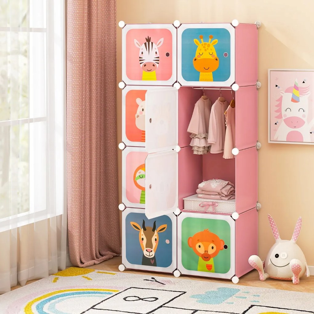 Armário infantil portátil para bebés 75 x 37 x 145 cm Plastico com 8 cubos e secção para pendurar roupas rosa