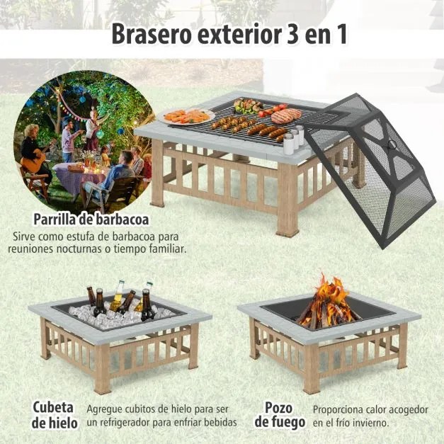 Mesa Braseira de Exterior 81 x 81 x 50 cm de Madeira 3 em 1 com Proteção contra Faíscas Grelha para Lenha Grelha para Churrasco Capa para Chuva Cinza