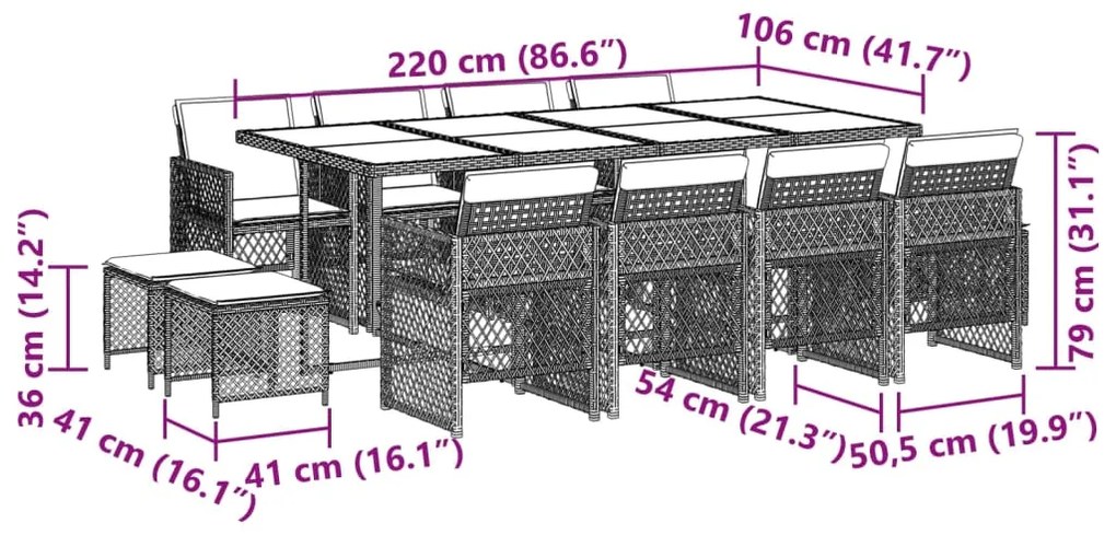 13 pcs conjunto de jantar p/jardim com almofadões vime PE preto