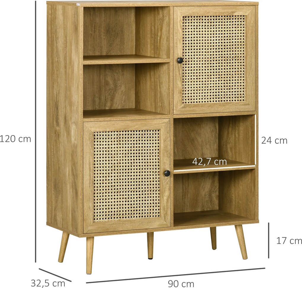 Aparador com armário alto com acabamento em imitação de madeira e design em vime, com 2 portas - dim. 90 x 32,5 x 120 cm