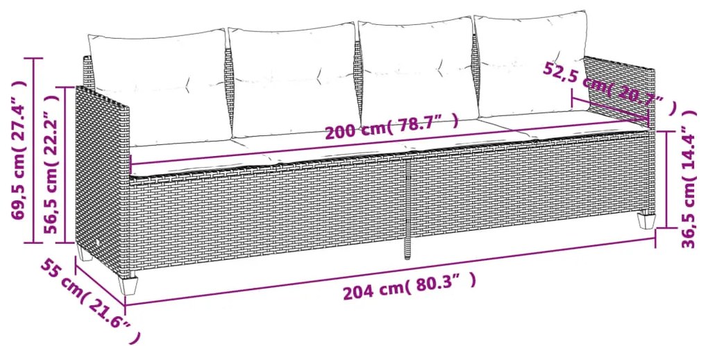 5 pcs conjunto sofás de jardim com almofadões vime PE preto