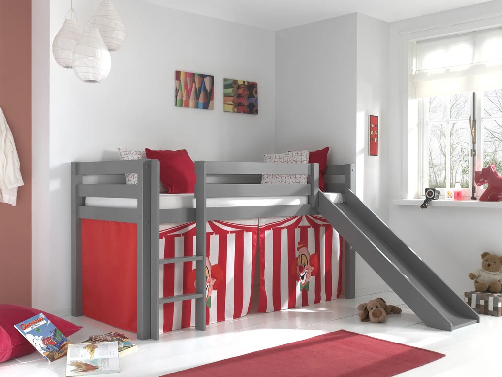 Conjunto Cama alta de Criança PINO 90 x 200 cm + estrado + escada + escorrega + cortina Circo Cinzenta