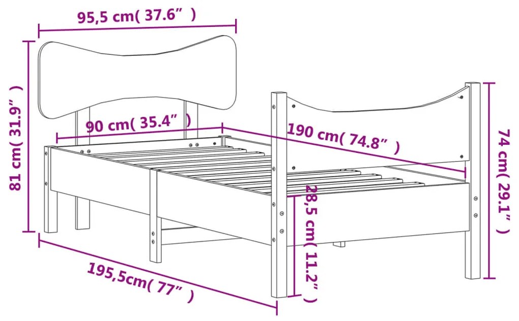 Estrutura de cama com cabeceira 90x190 cm pinho maciço