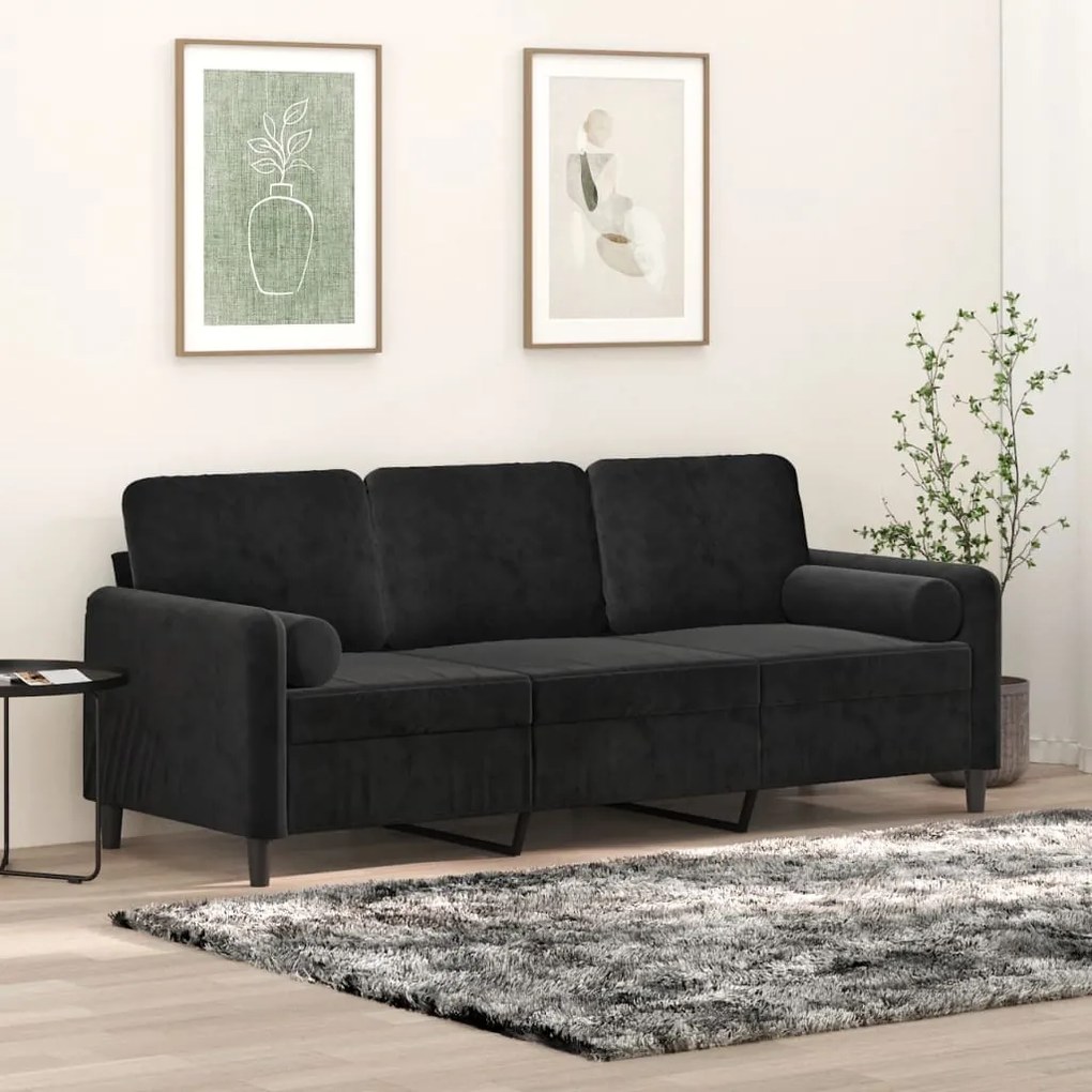 vidaXL Sofá 3 lugares c/ almofadas/almofadões 180 cm veludo preto