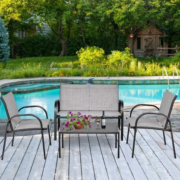 Conjunto Jardim de Mesa de Centro, 2 Cadeiras, Banco e Mesa de Centro de Jardim em Ferro e Malha para Terraço Exterior Cinzento