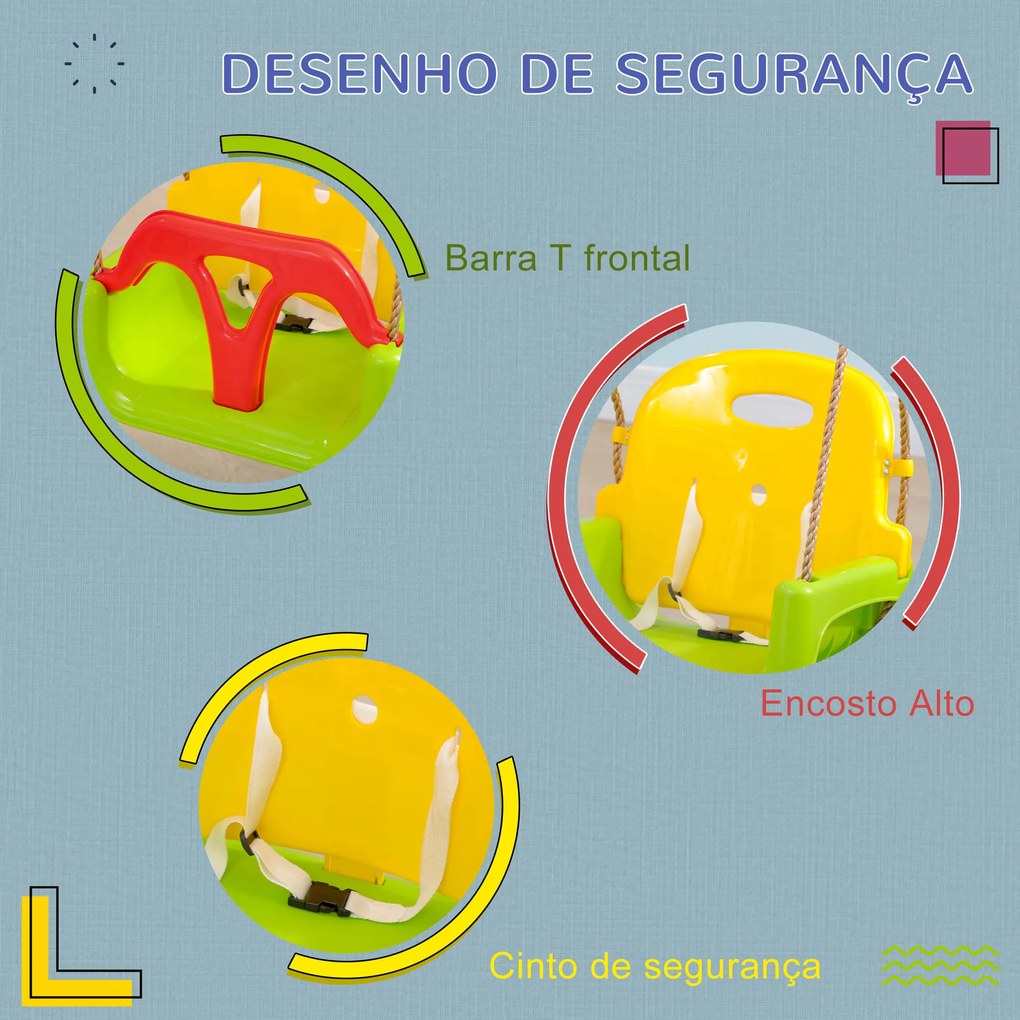 Outsunny Baloiço para Bebé 3 em 1 com Encosto Desmontável Cordas Ajustáveis e Barra em T Baloiço Infantil para Crianças de 9-36 Meses para Interior e Exterior 42x33x120-180 cm Multicor