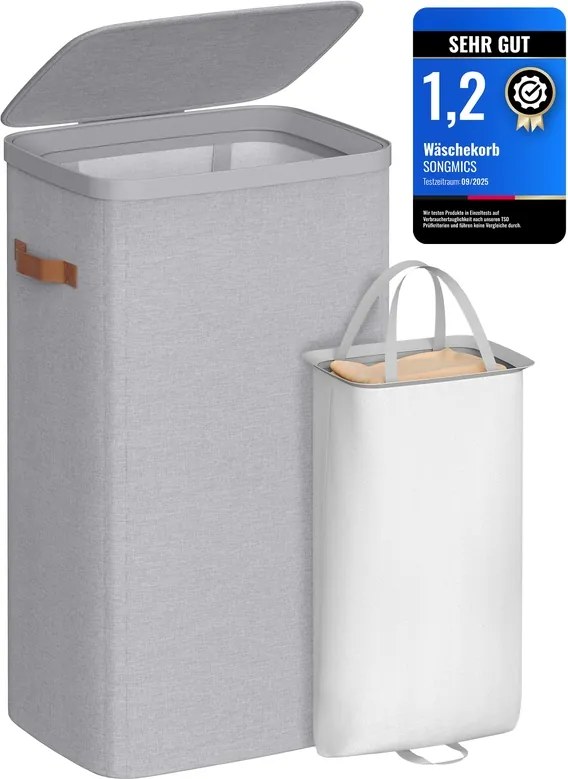 Cesto para roupa suja prático com compartimentos e tampa 56 x 40 x 75 cm cinzento