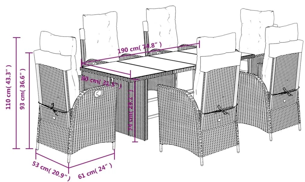 7 pcs conjunto de jantar p/ jardim com almofadões vime PE bege