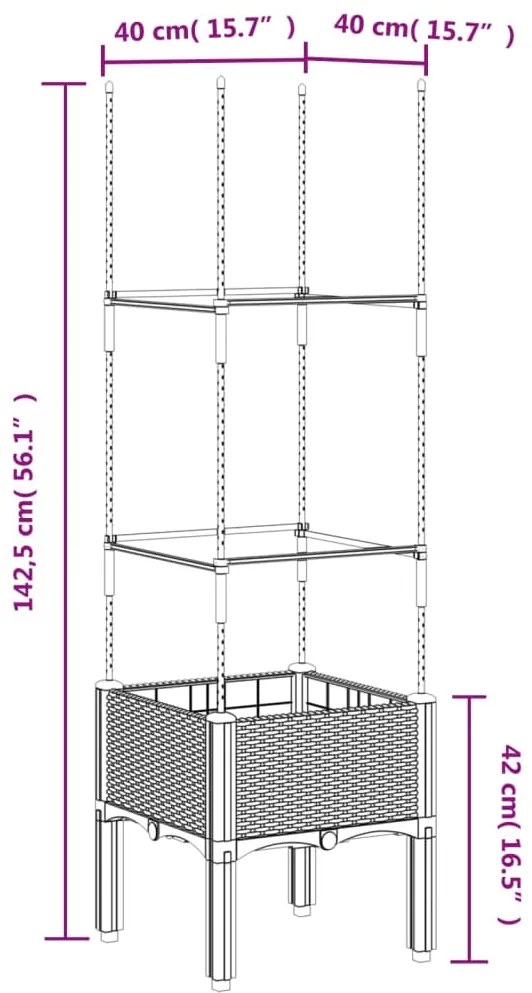 Vaso/floreira de jardim c/ treliça 40x40x142,5 cm PP castanho