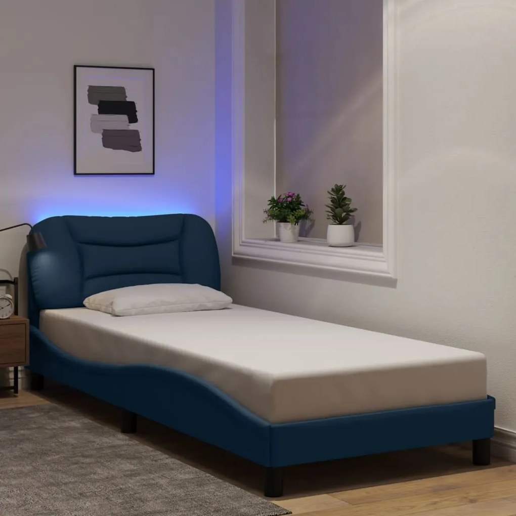 vidaXL Estrutura de cama com LED sem colchão 90x190 cm tecido azul