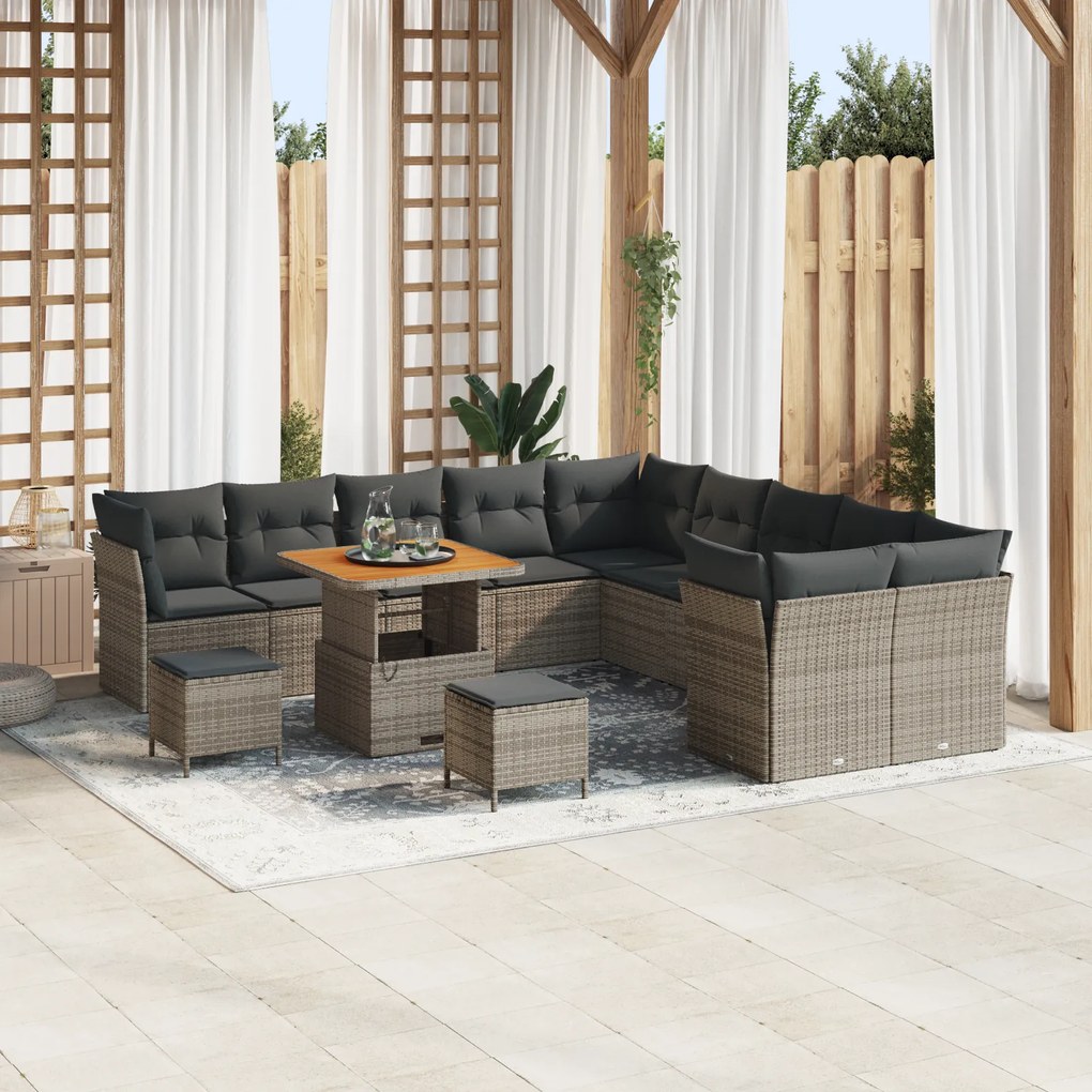 Conjunto de Sofá de Jardim vidaXL de 13 Peças com Almofadas Cinza Rattan Acácia