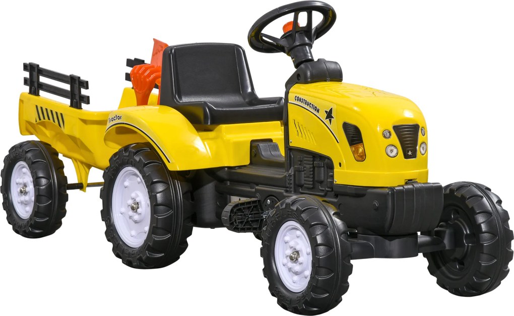 HOMCOM Trator a Pedais para Crianças acima de 3 Anos Trator com Reboque de Pedais com Acessórios 133x42x51 cm Amarelo e Preto | Aosom Portugal