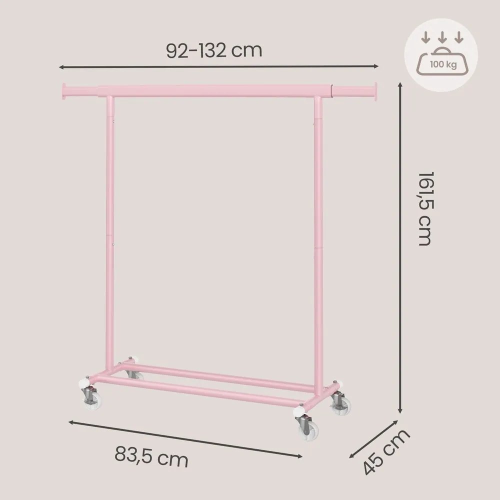 Charriot guarda roupa aberto com rodas 45 x (92-132) x 161,5 cm (P x L x A), barra extensível para roupa Rosa