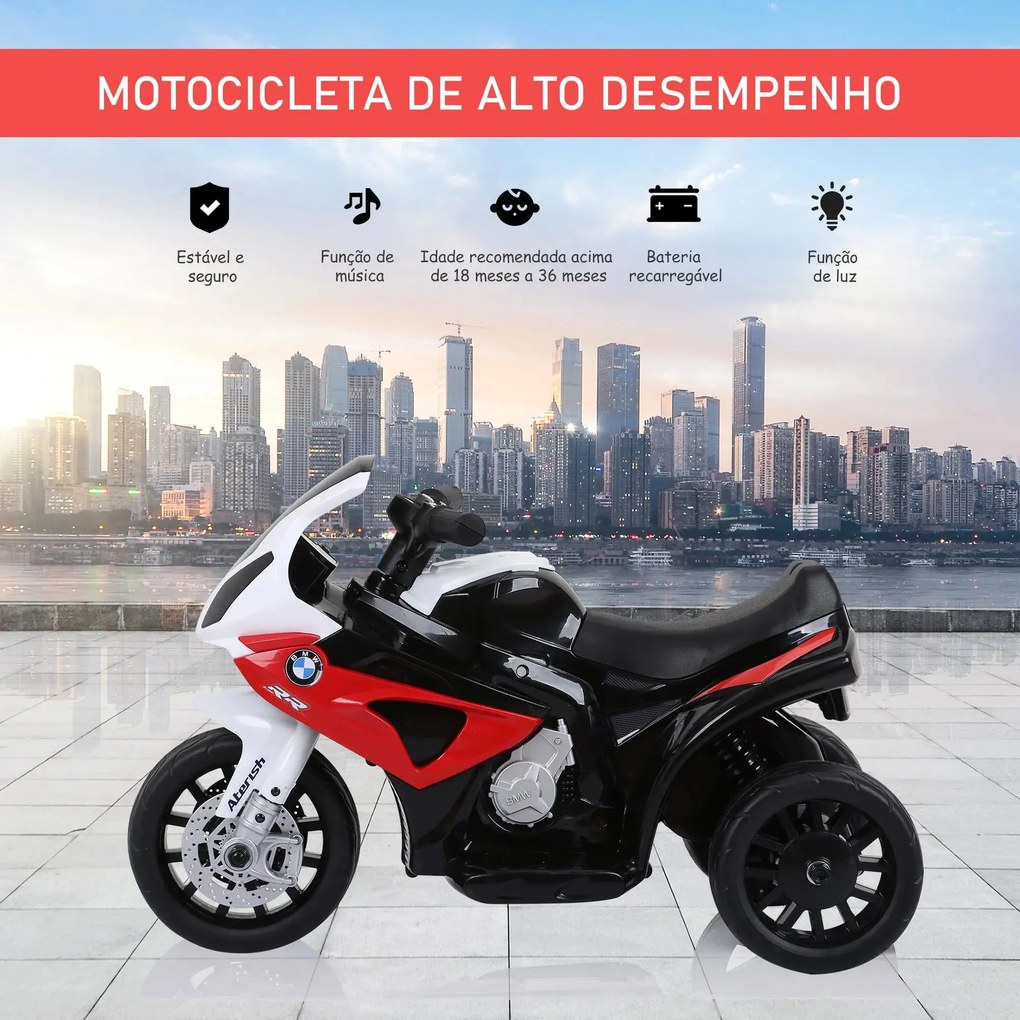 Mota Elétrica BMW para Crianças entre 18-36 Meses 6V com Faróis Música e Velocidade Máx. de 2,5 km/h 66x37x44 cm Vermelho