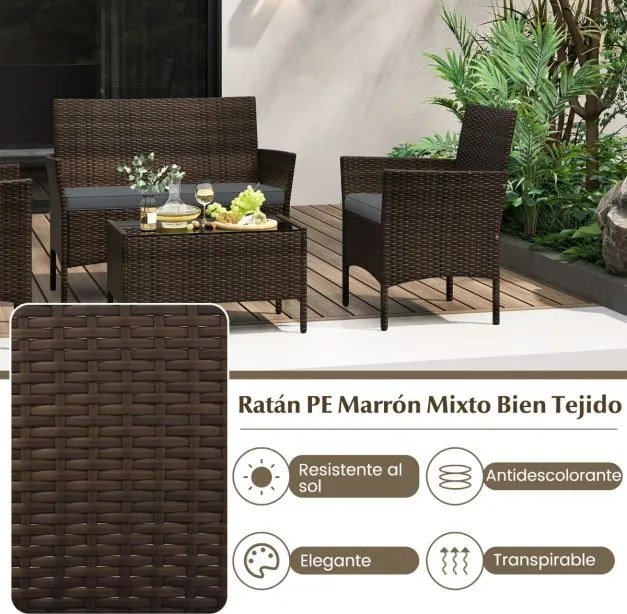 Conjunto de jardim, 4 peças: mobiliário de exterior com cadeira, sofá de 2 lugares e mesa de vidro temperado Castanho misto e almofadas Cinzentas