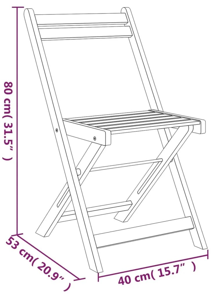 3 pcs conjunto de bistrô dobrável madeira de acácia maciça