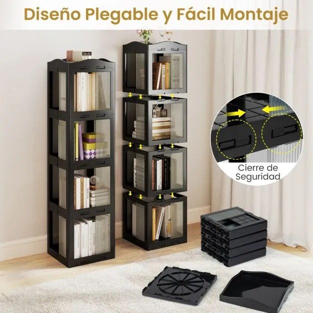 Estante com base giratória giratória 360° com 4 níveis em Plástico dobrável 36,5 x 36 x 141,5 cm com prateleiras Preta