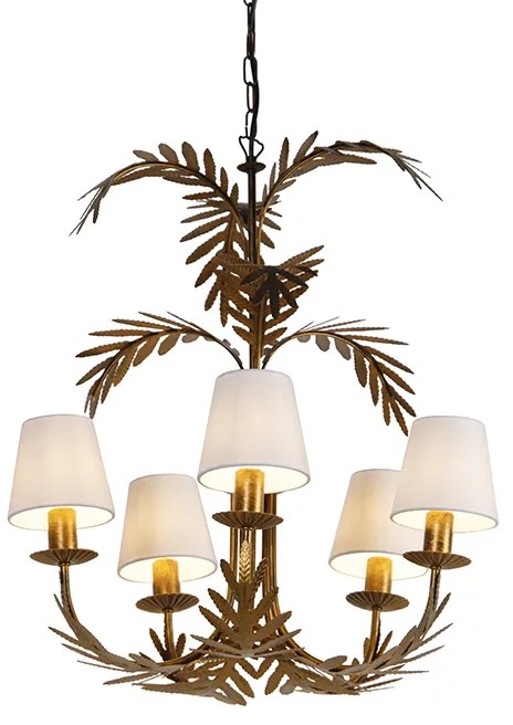 Candeeiro de teto dourado com abajures de linho branco 5 luzes - Botanica Rústico