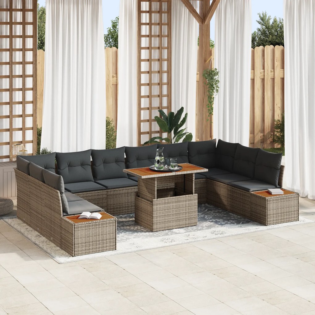 Conjunto de Sofá de Jardim vidaXL com Almofadas Cinzento Rattan Poliés