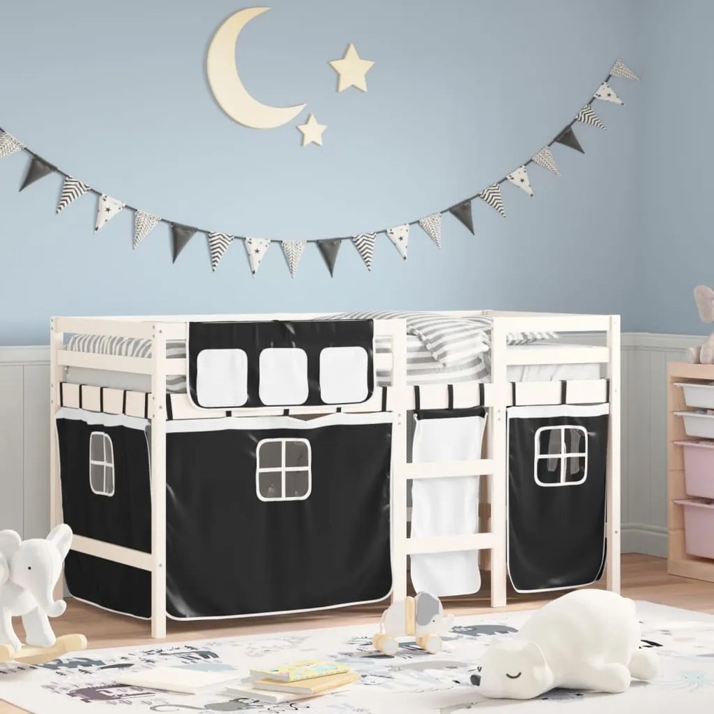 vidaXL Cama alta criança c/ cortina 90x190cm pinho maciço branco/preto