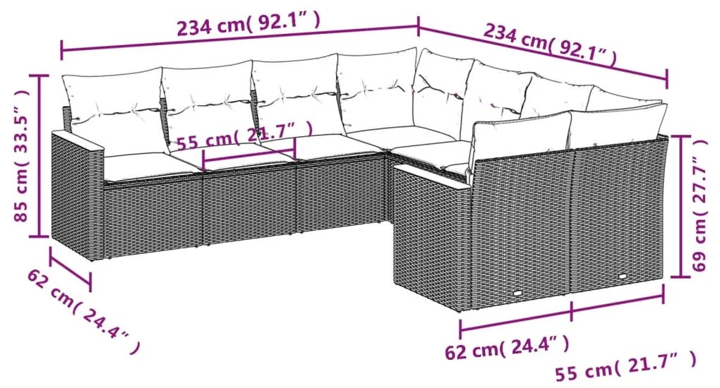 8 pcs conjunto sofás de jardim com almofadões vime PE preto