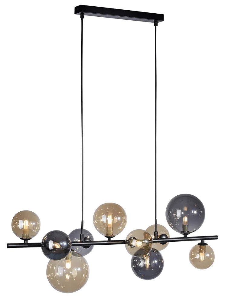 LED Candeeiro de suspensão Art Déco preto com fumê e dourado 10 luzes - Wess Art Deco