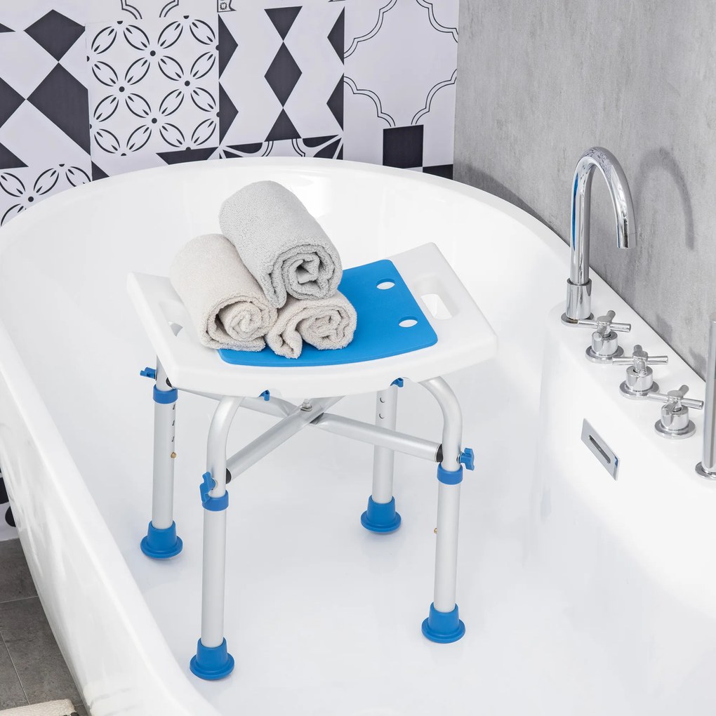 Banco de duche 42,5 x 27 x 44-51,5 cm assento almofadado e ajustável, ventosas antiderrapantes, em alumínio azul