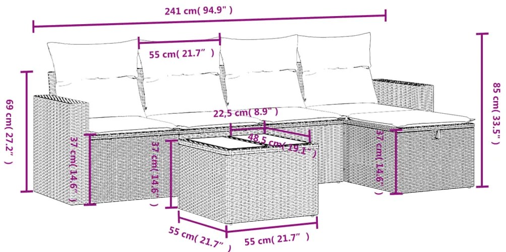6 pcs conjunto sofás de jardim c/ almofadões vime PE preto