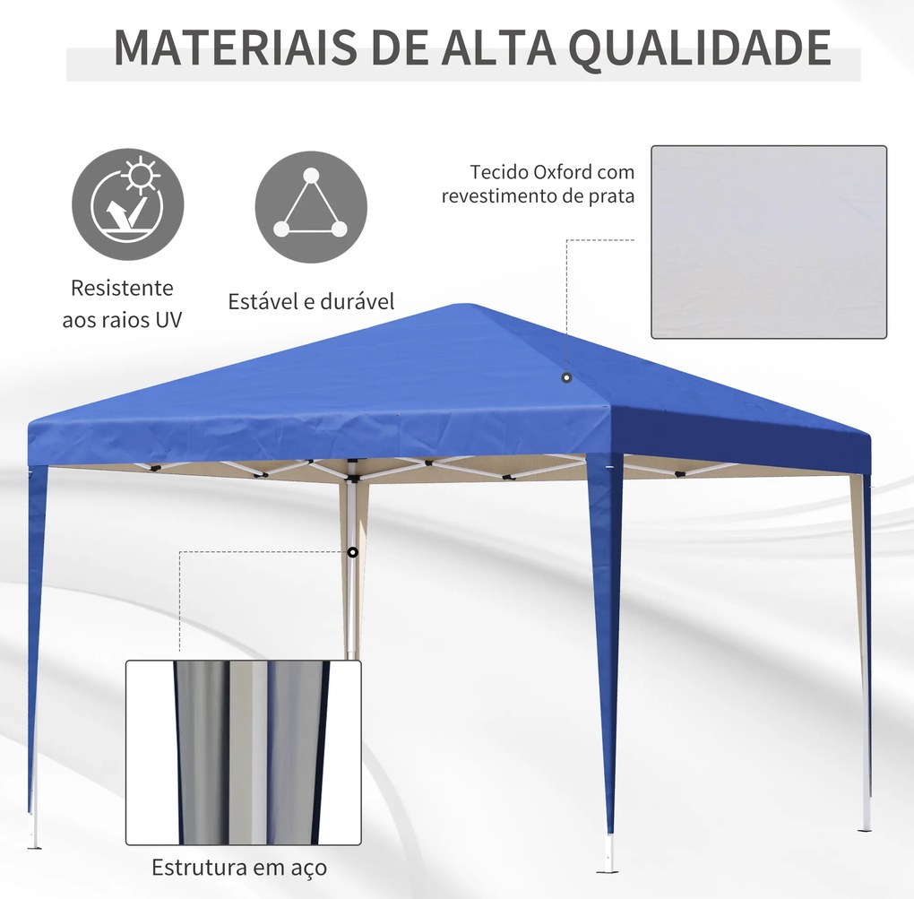 Tenda Dobrável 295x295x255 cm com Bolsa de Transporte Altura Ajustável Anti-UV para Terraço Pátio Azul