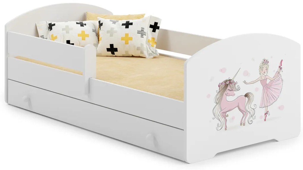 Cama infantil branca Luk princesa e unicórnio 160x80 com gaveta - colchão e estrado incluído