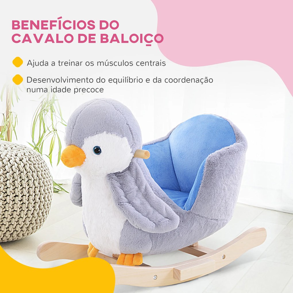 Cavalo Baloiço para Bebés acima de 18 Meses Forma de Pinguim com Músicas Infantis 60x33x50 cm Cinza