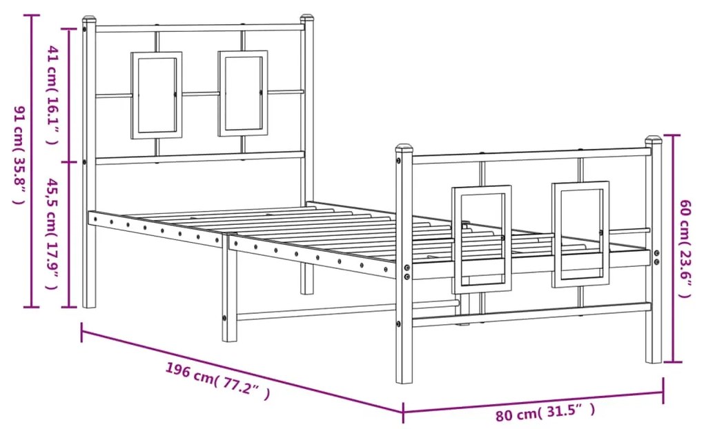 Estrutura de cama com cabeceira e pés 75x190 cm metal branco