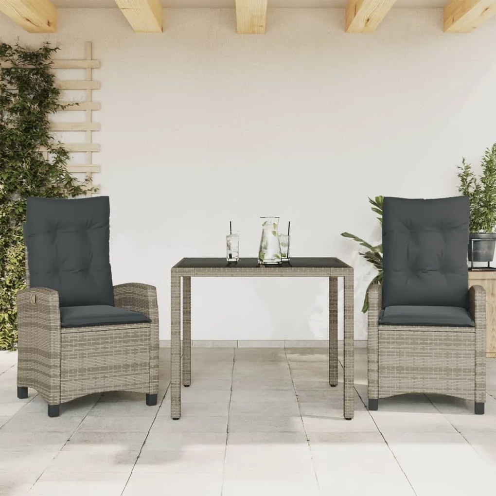 3 pcs conjunto de jantar p/ jardim c/ almofadões vime PE cinza
