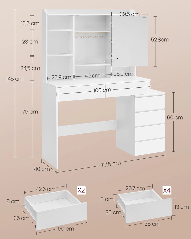 Toucador com iluminação LED moderno 40 x 117,5 x 145 cm em branco