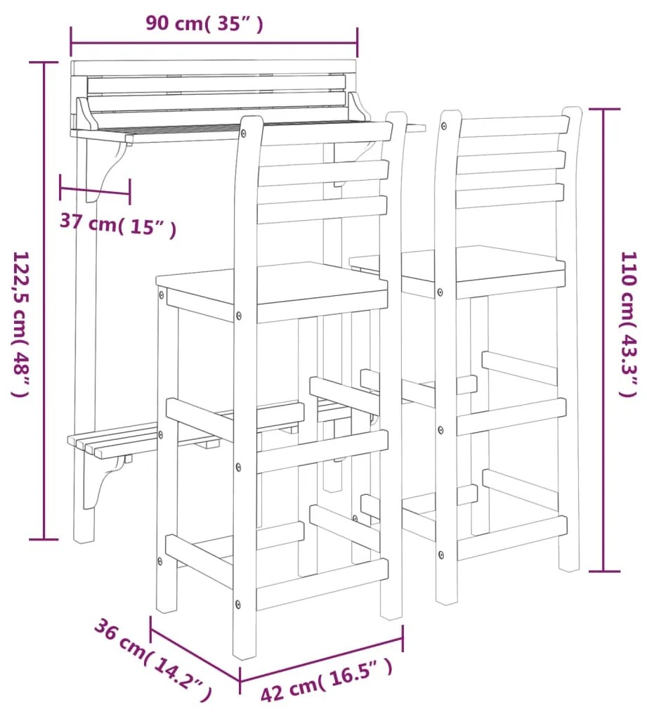 3 pcs conjunto de bar para varanda madeira de acácia maciça