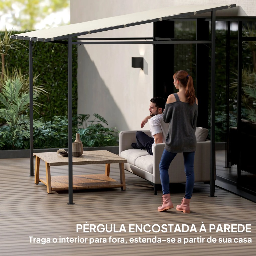 Pérgola de Parede 2,4x2,4 m Pérgola de Jardim com Teto Inclinado Proteção UV 30+ Impermeável e Estrutura de Metal Creme