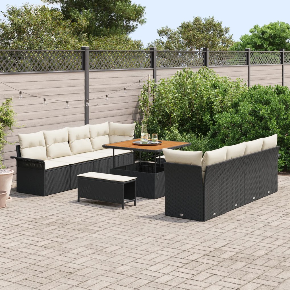 Conjunto de Sofá de Jardim vidaXL 11 Peças com Almofadas Preto Rattan