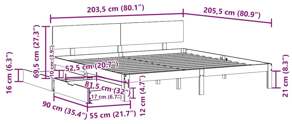 Estrutura de cama c/ gavetas 200x200 cm pinho maciço branco