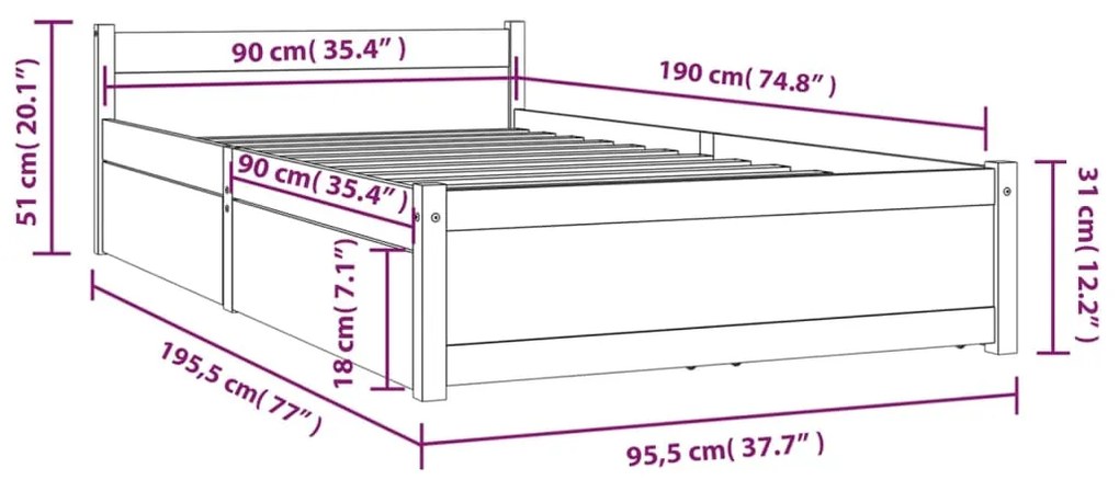 Estrutura de cama c/ gavetas 90x190 cm Single