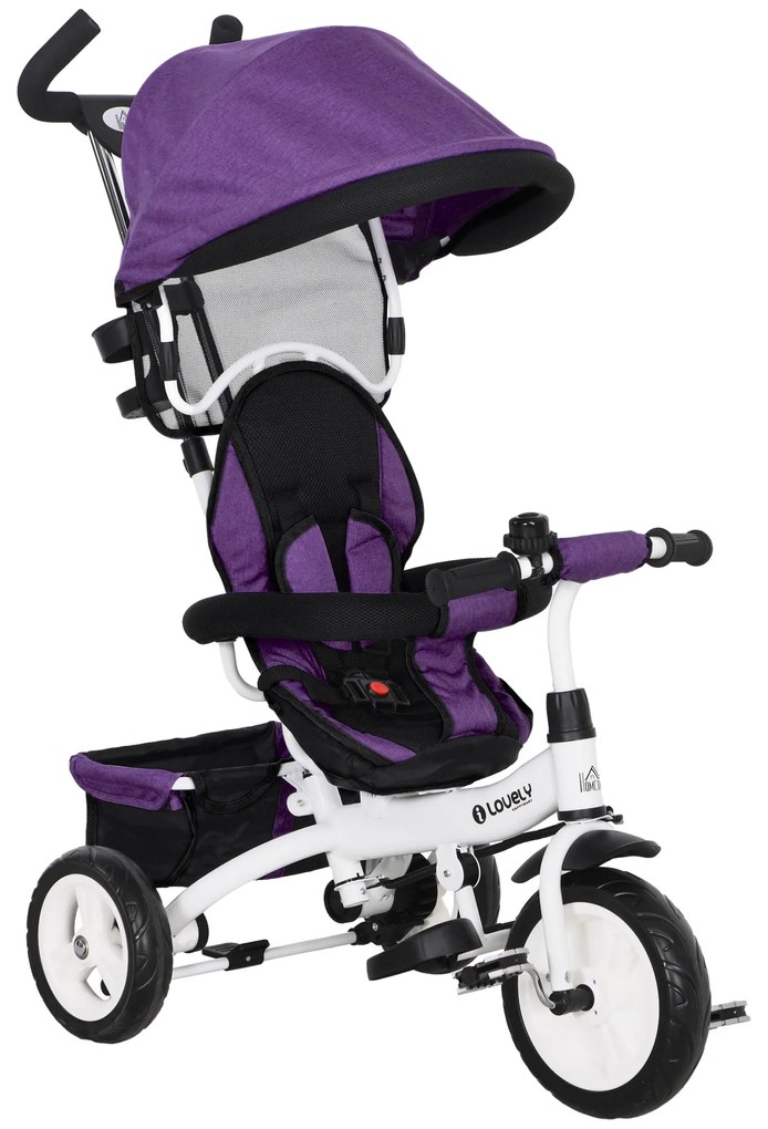 Triciclo Evolutivo para Bebés de +12 Meses 2 em 1 com Toldo Dobrável Guiador Cinto de Segurança e Cesto 95x50x106 cm Roxo
