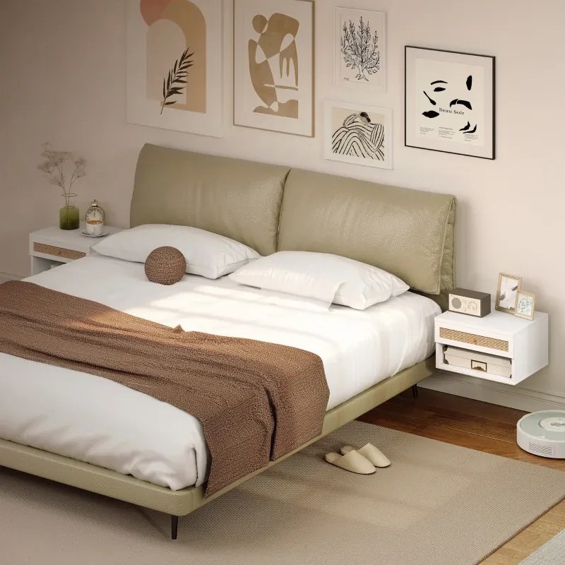 Conjunto de 2 Mesas de Cabeceiras Suspensas 40x34x23 cm com Compartimento Aberto e Gaveta com Frente em Vime Branco