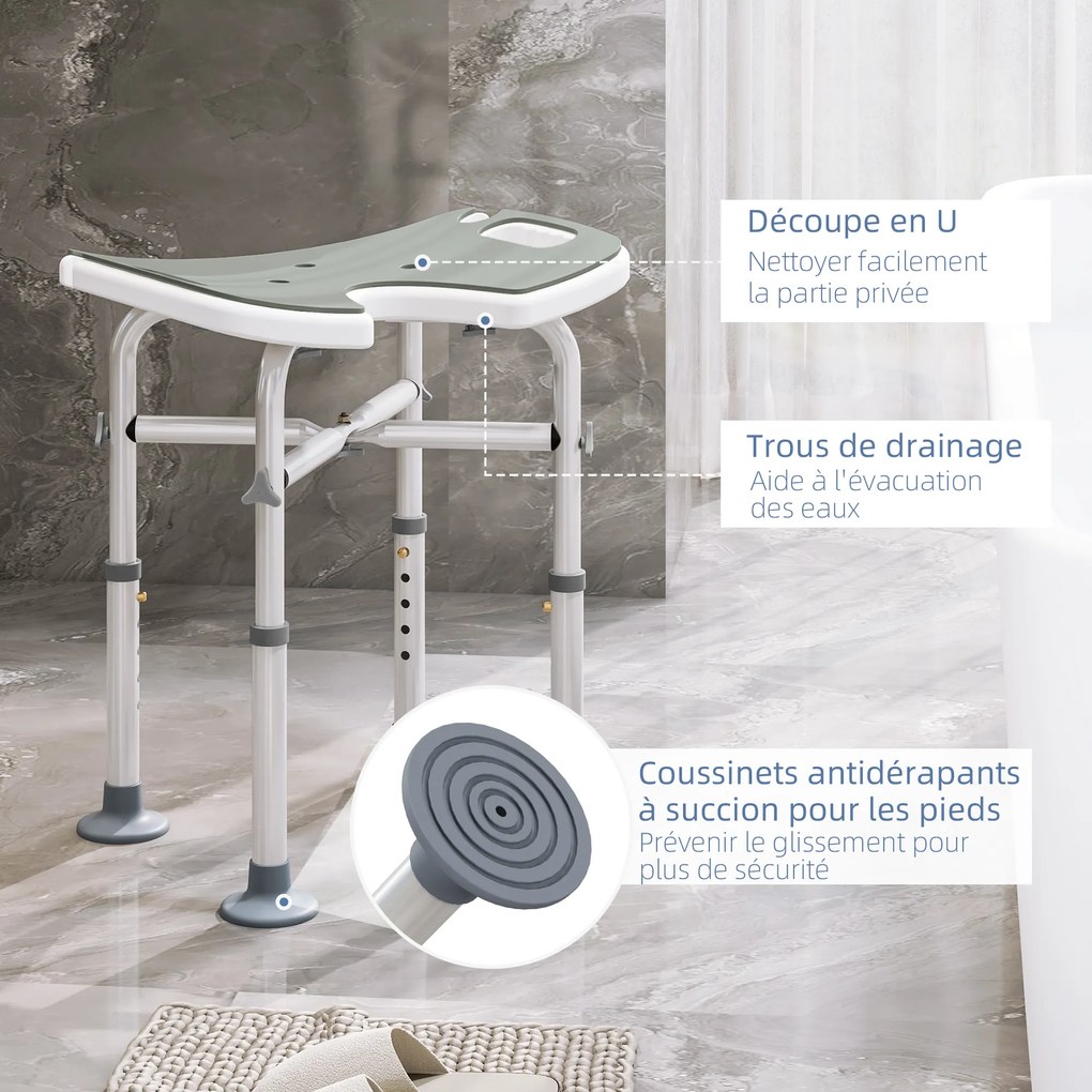 Banco de duche com assento, altura ajustável de 39 a 51,5 cm, barra de apoio com ventosas e patins com ventosas, cinzento